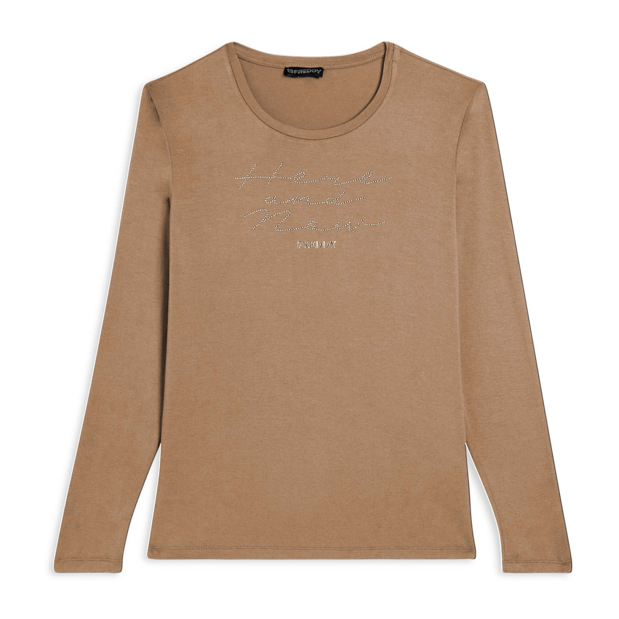 T-shirt donna manica lunga con scritta e strass