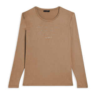 T-shirt donna manica lunga con scritta e strass