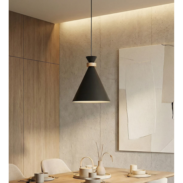 Lampada a sospensione ZERO in acciaio nero e legno