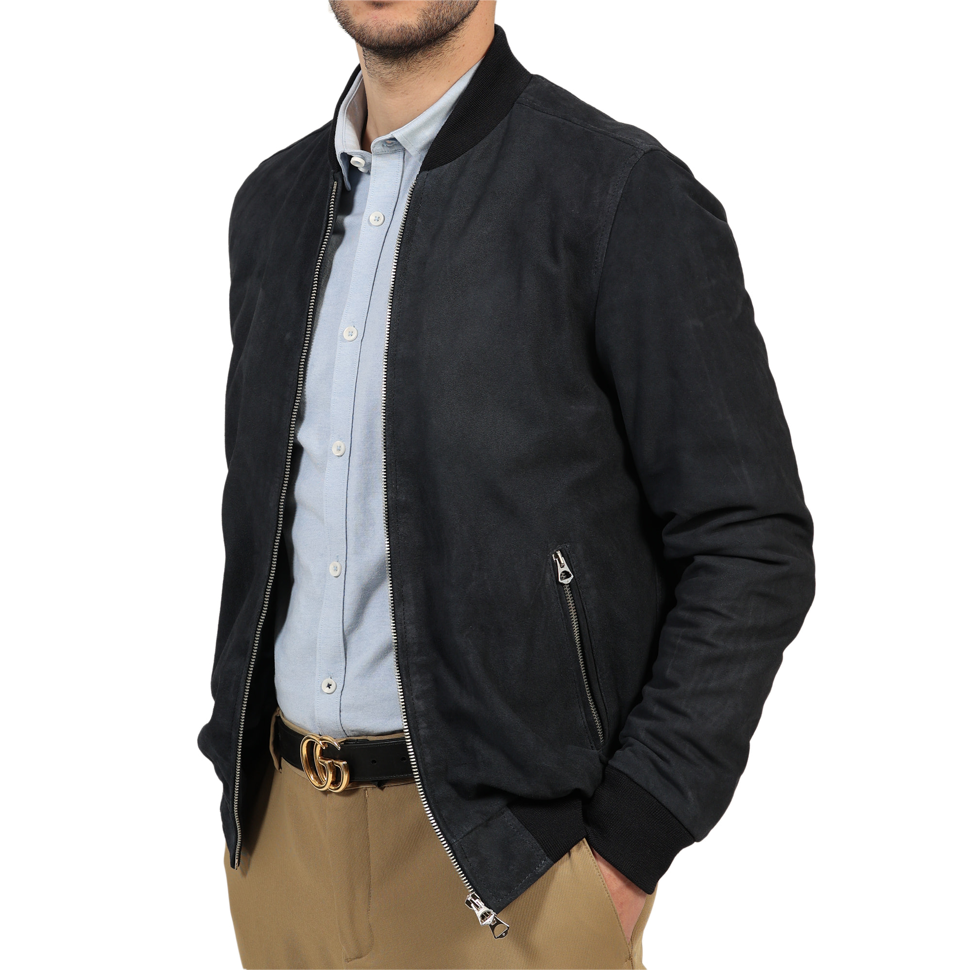 Giubbino in vera pelle di vitello scamosciata Blu-Slim Fit
