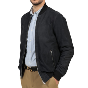 Giubbino in vera pelle di vitello scamosciata Blu-Slim Fit
