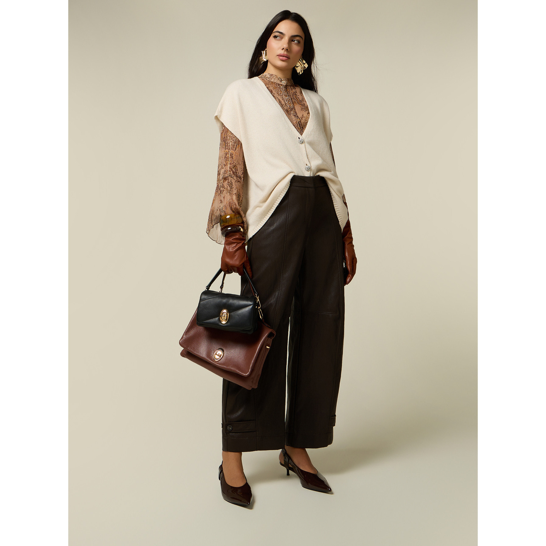 Oltre - Pantalones palazzo en tejido engomado - Marrón