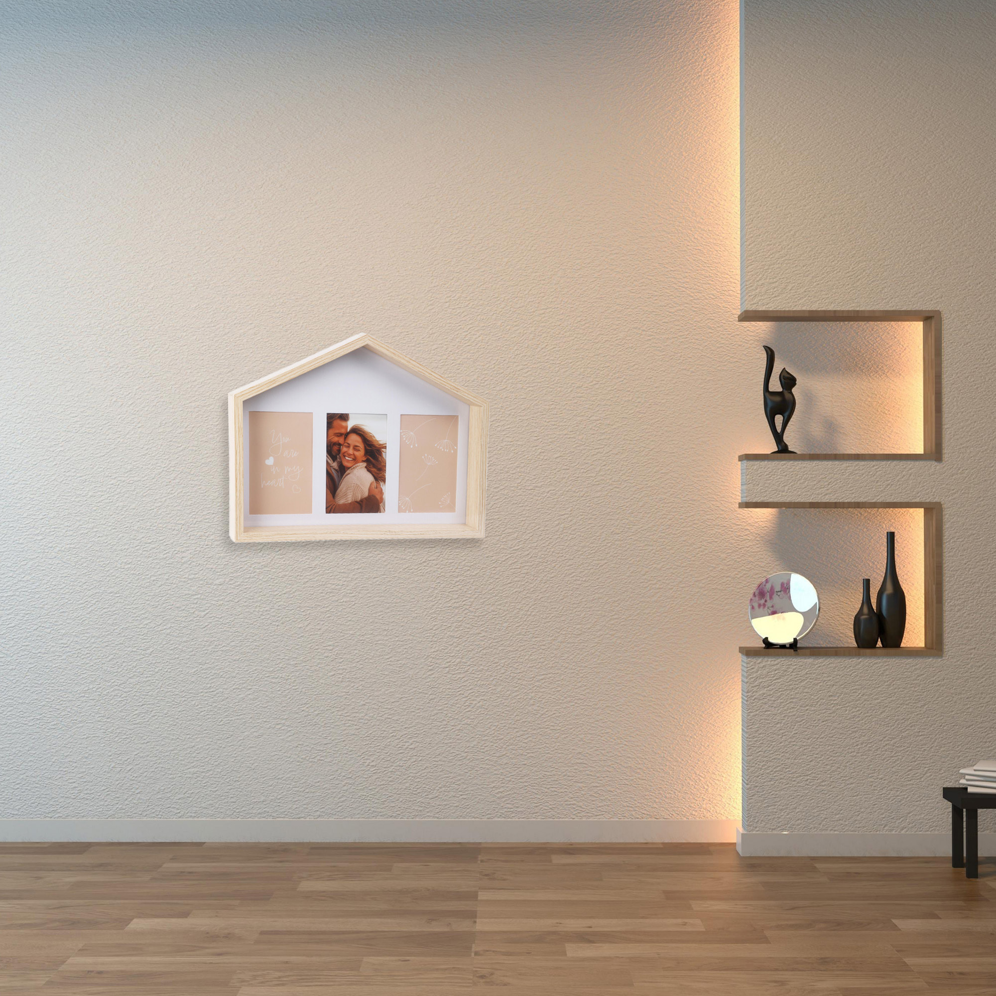 Marco de fotos en forma de casa con diseño natural 36,6x4x27,2cm para 3 fotos