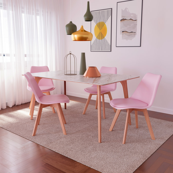 Set Di 4 Sedie Per Sala Da Pranzo Ufficio Con Gambe In Faggio Legno Massello Massiccio Stile Nordico Scandinavo Seduta Imbottita Soggiorno Sala Rosa