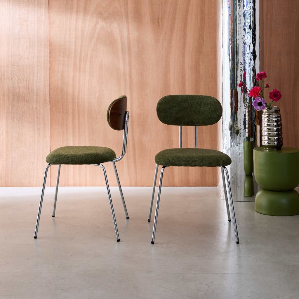 Chaise décor bois courbé teinté noyer et tissu déperlant pieds métal chromé (lot de 2) ERIN