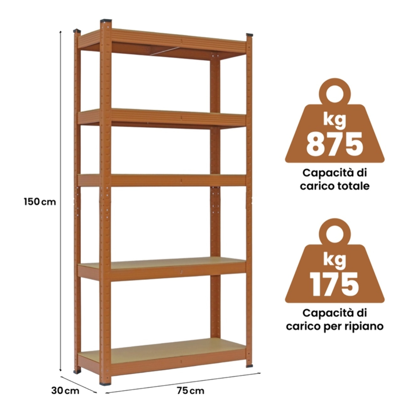 Scaffali metallici 150x75x30 cm mattone 5 ripiani