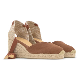 Alpargata con cuña 7 cm en lona de algodón con pala en v y cintas al tobillo