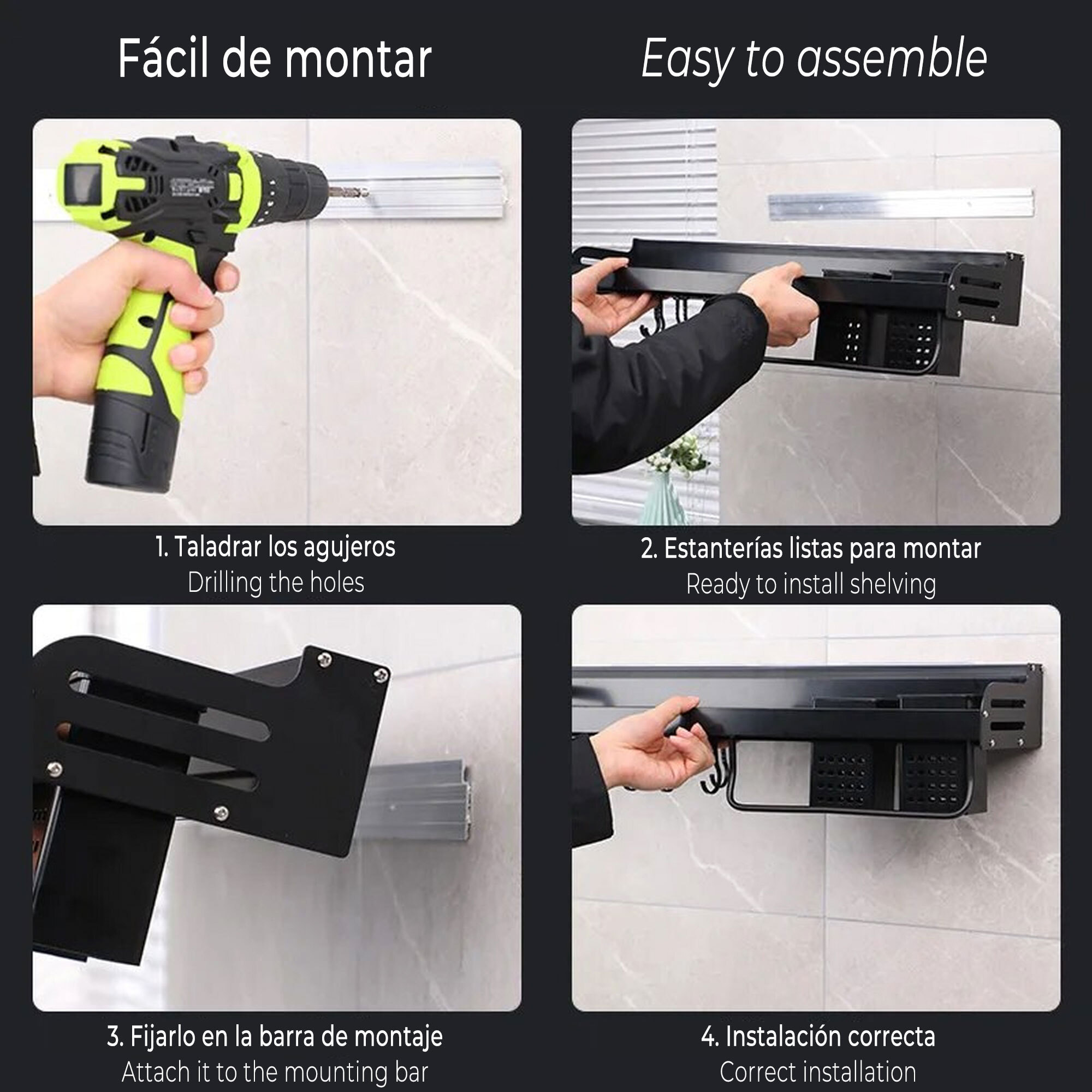 Estantería de pared para cuchillos y utensilios de cocina negra