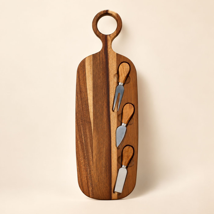 Planche à découper en bois d'acacia 49x16cm avec 3 couteaux à fromage COPA