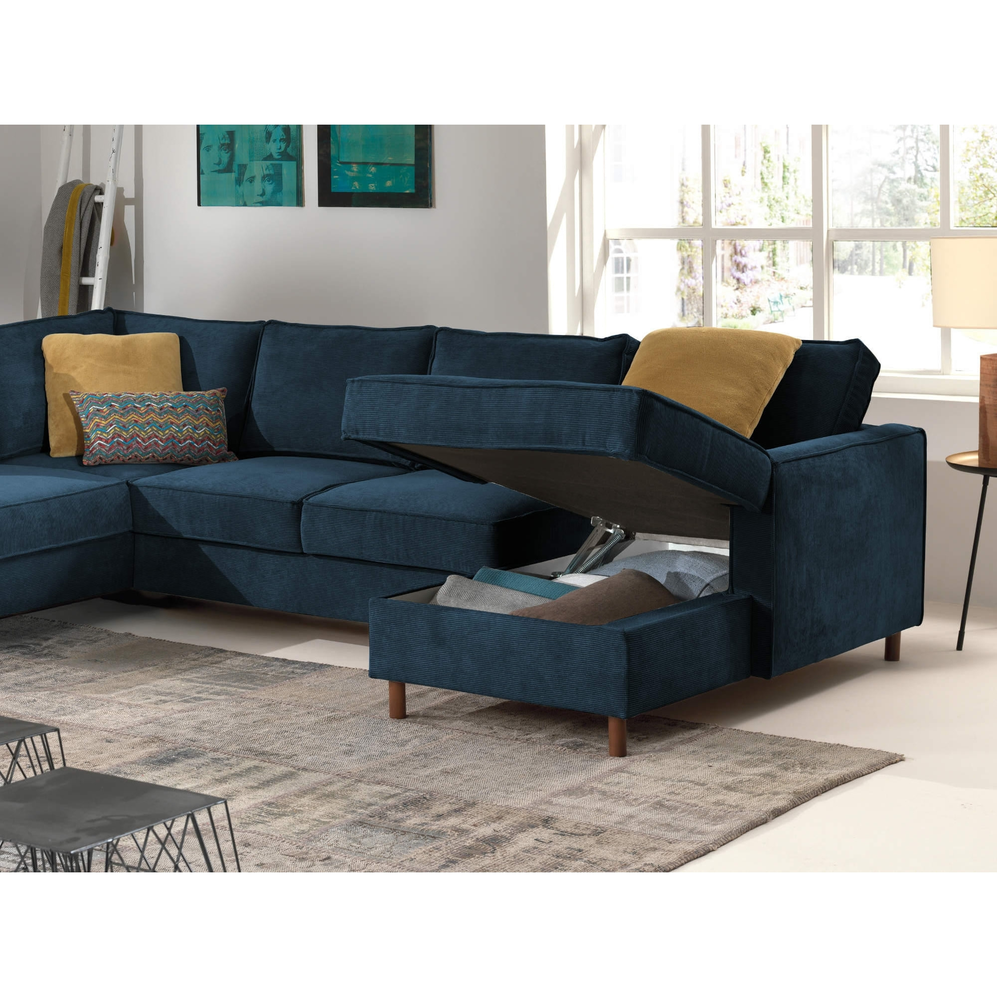 Jake - canapé panoramique d'angle gauche - convertible avec coffre - 7 places - en velours côtelé - Bleu Ardoise