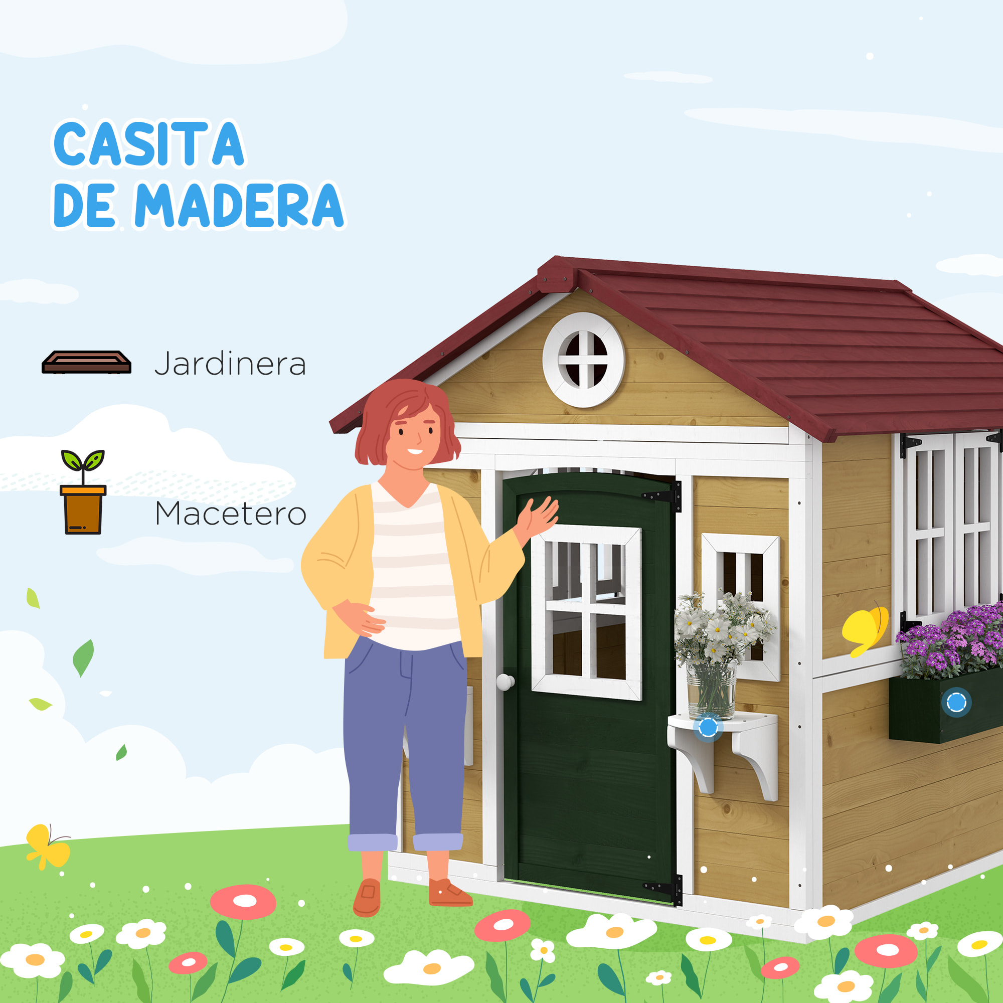 Casa de Jardín Infantil Casa de Madera para Niños con Puerta Ventanas Jardineras y Soportes de Flores 114x126,4x135 cm Madera Natural