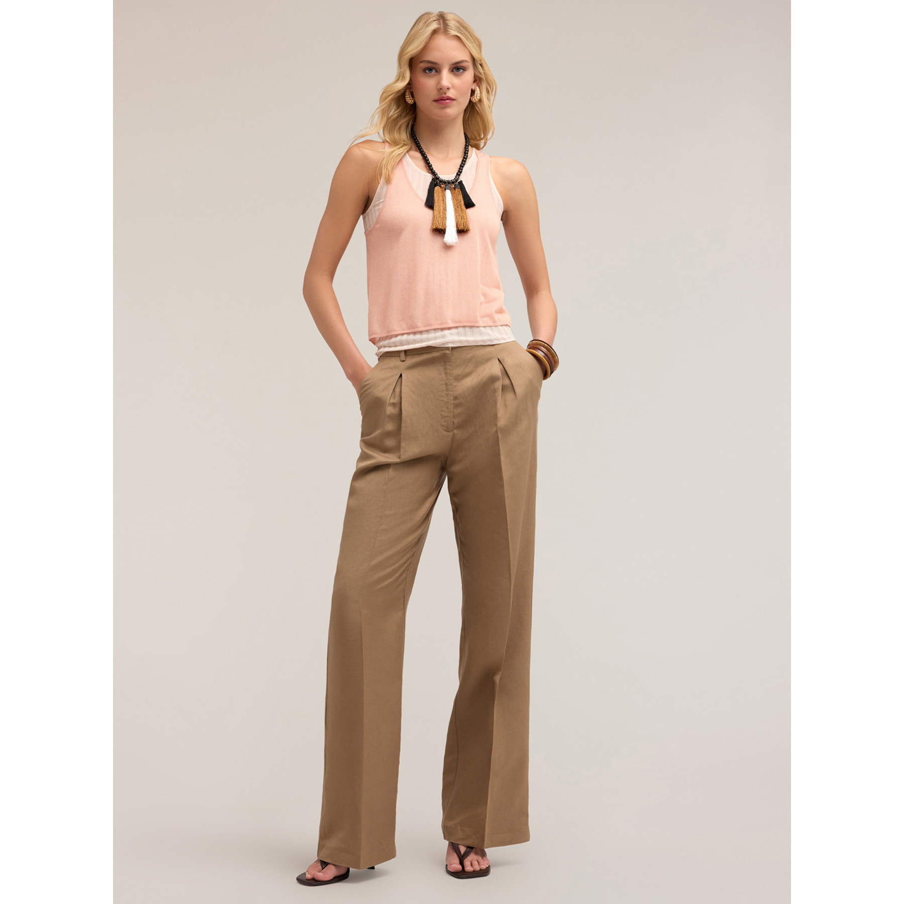 Motivi - Pantaloni palazzo con pieghe in lino viscosa - Beige