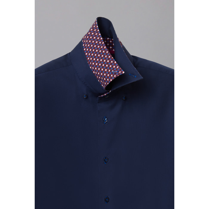 Camicia Uomo 2 Bottoni Button Down Slim Satin Unito Blu