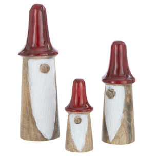 J-Line set de 3 gnomes Champignons - bois - naturel/rouge