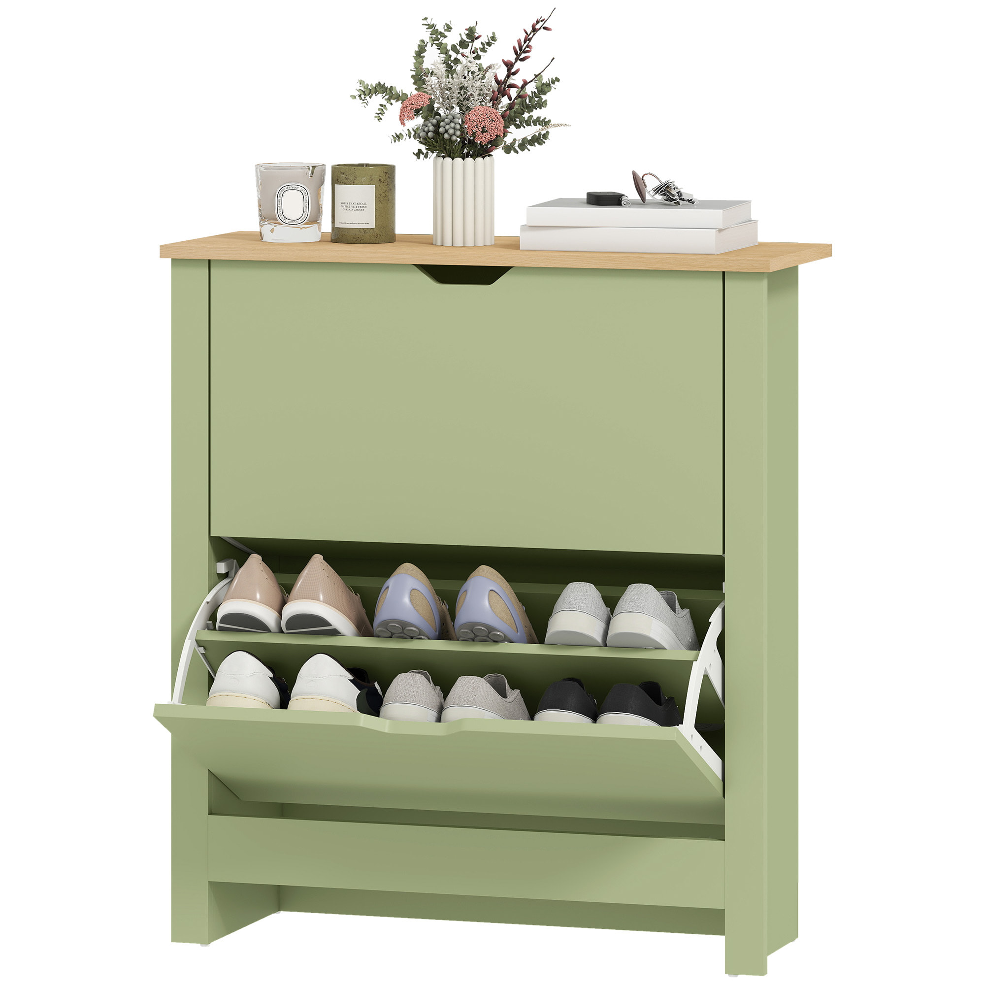 Armoire à chaussures 2 portes abattantes 2 compartiments vert amande naturel