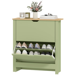 Armoire à chaussures 2 portes abattantes 2 compartiments vert amande naturel