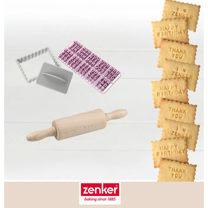 Tampon alphabet pour biscuit Zenker et mini rouleau à pâtisserie