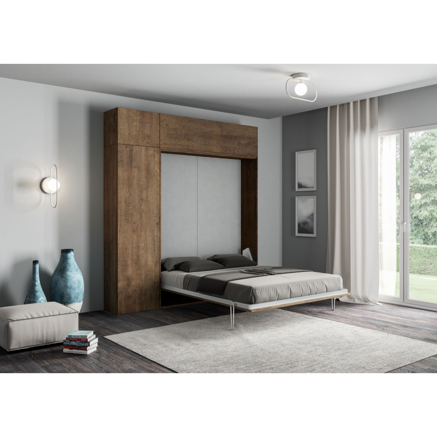 Armoire Lit escamotable vertical double 160 KENTARO Noyer avec colonne de rangement et deux éléments hauts