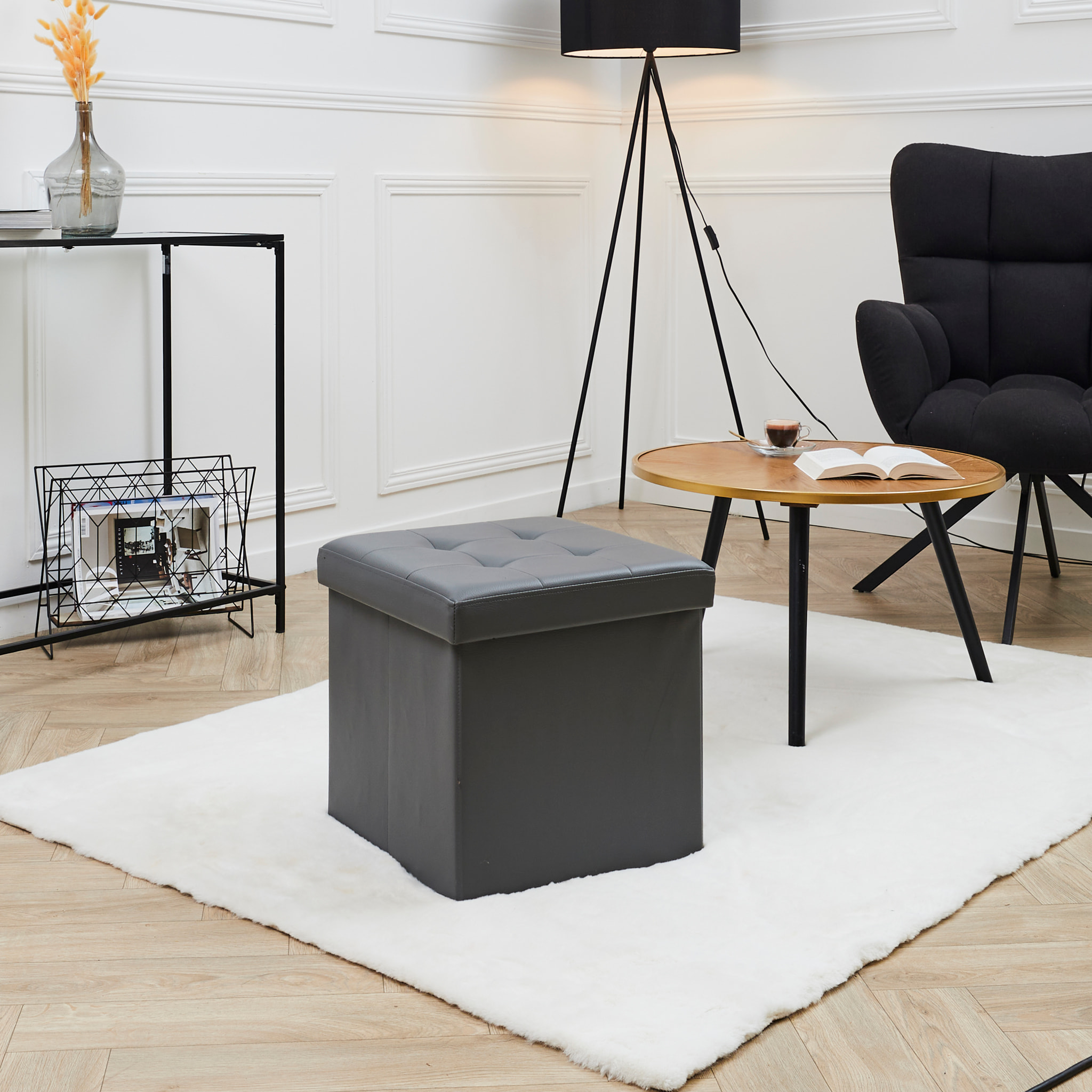 Coffre Pouf Pliable Pu Gris