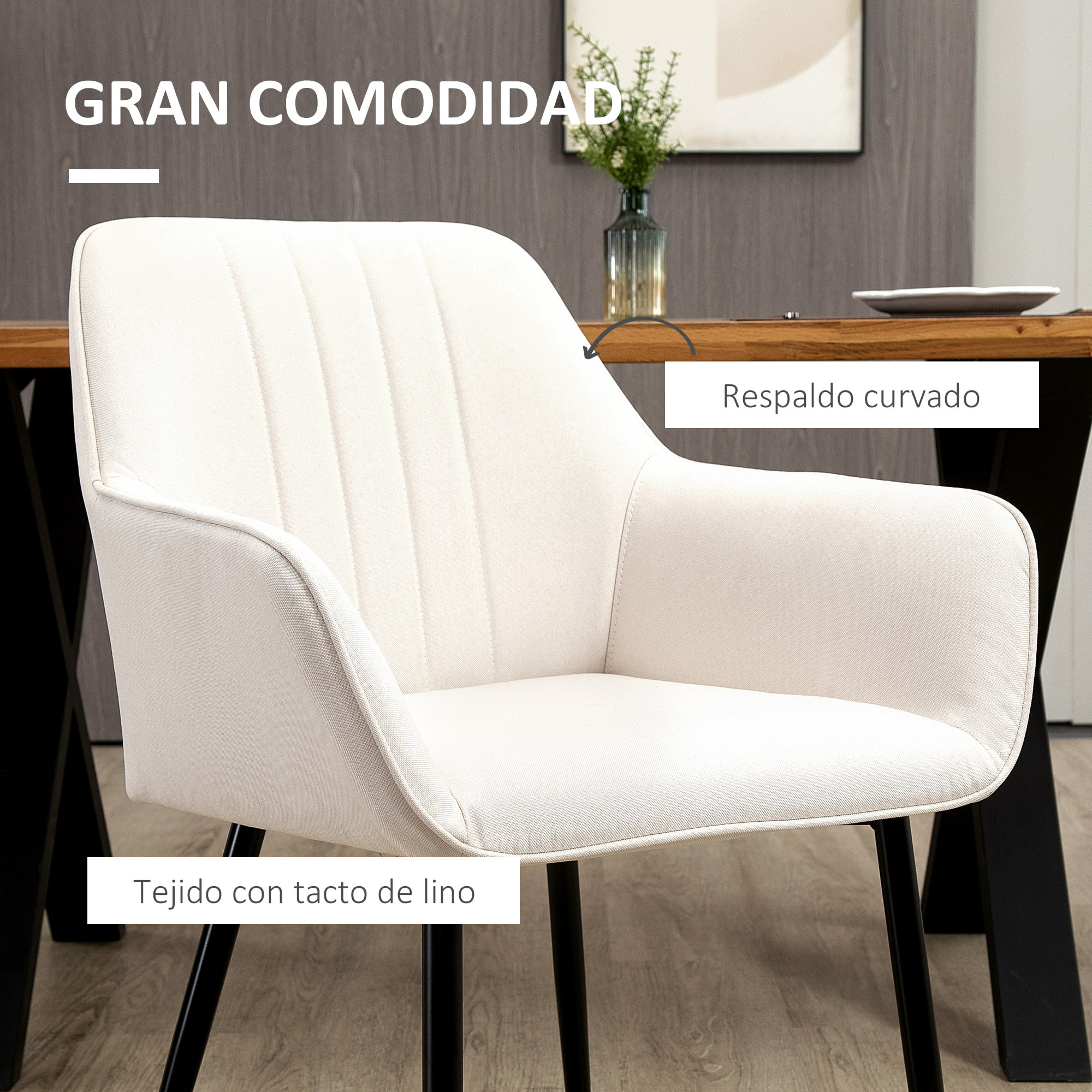 Pack de 2 Sillas de Comedor, Sillas de Cocina Modernas, con Asiento Acolchado y Tapizado, Respaldo Curvo, Reposabrazos, Patas de Metal, para Salón, Beige