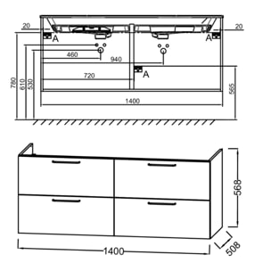 Meuble double vasque 140 cm Odéon Rive Gauche 4 tiroirs blanc