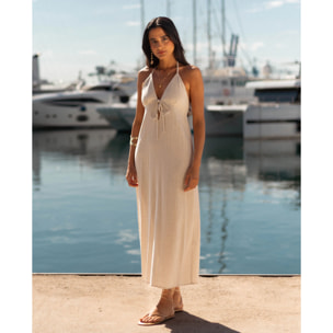 Vestido midi de punto con escote pico y cuello halter