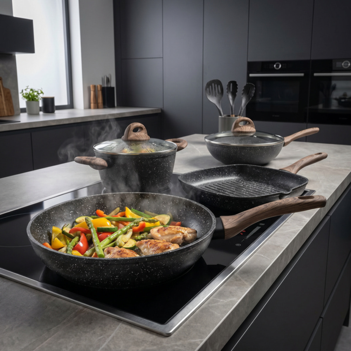 Set pentole e padelle 10 pezzi antiaderente stone, batteria cucina induzione con wok casseruola padella bistecchiera e utensili, rivestimento marmorizzato, manici soft touch effetto legno, adatto a tutti i piani cottura