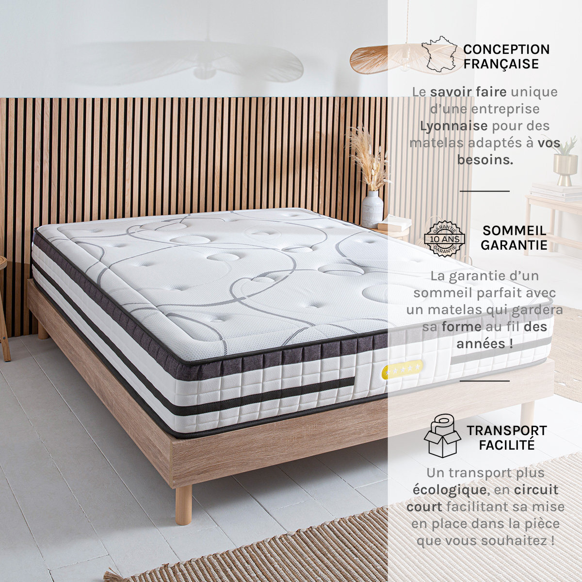 Ensemble Matelas Hybride Concorde & Sommier Bois, Ressorts Ensachés & Mémoire de Forme, 26 cm, Technologie Tri-lattes, Soutien Ferme