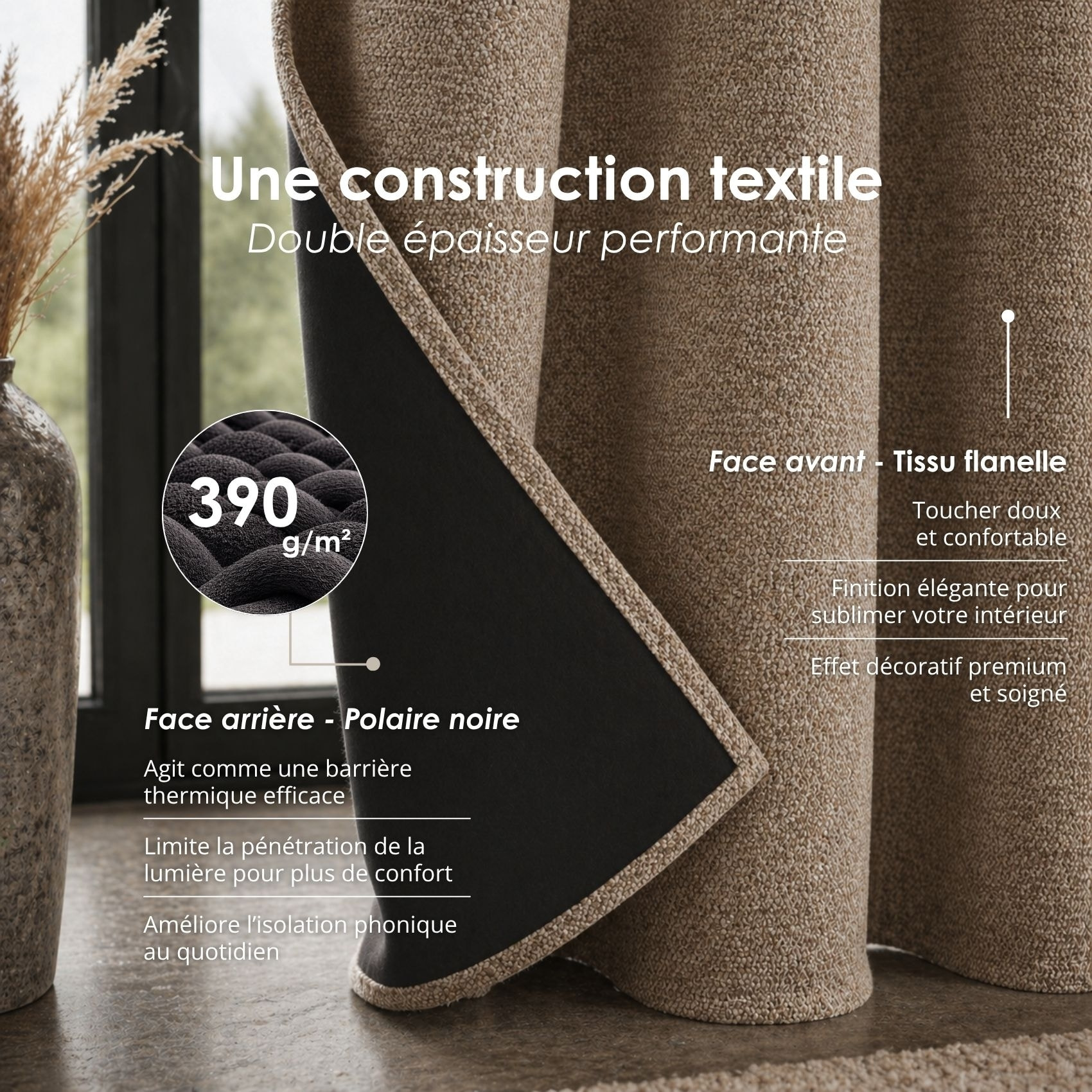 Rideau thermique phonique et semi occultant à galons fronceurs KONFOR - Beige
