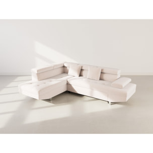 Margaux - Canapé d'angle gauche 5 places convertible avec coffre et têtières réglables en velours texturé - Beige