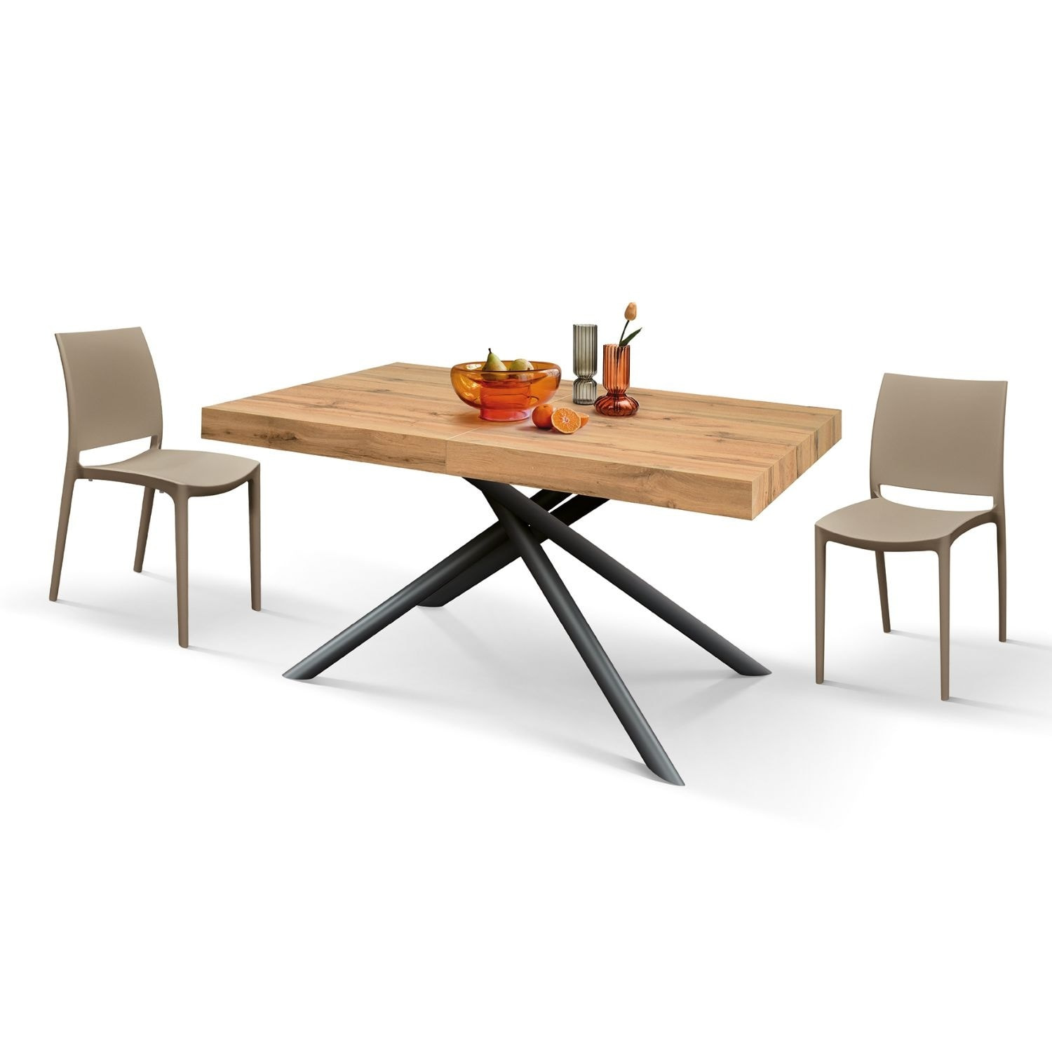 Tavolo CARRARA in legno, finitura rovere rustico e base in metallo verniciato antracite, allungabile 180×90 cm – 260×90 cm