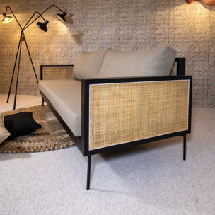 Canapé 3 places en tissu taupe structure en rotin et bois  TONKIN