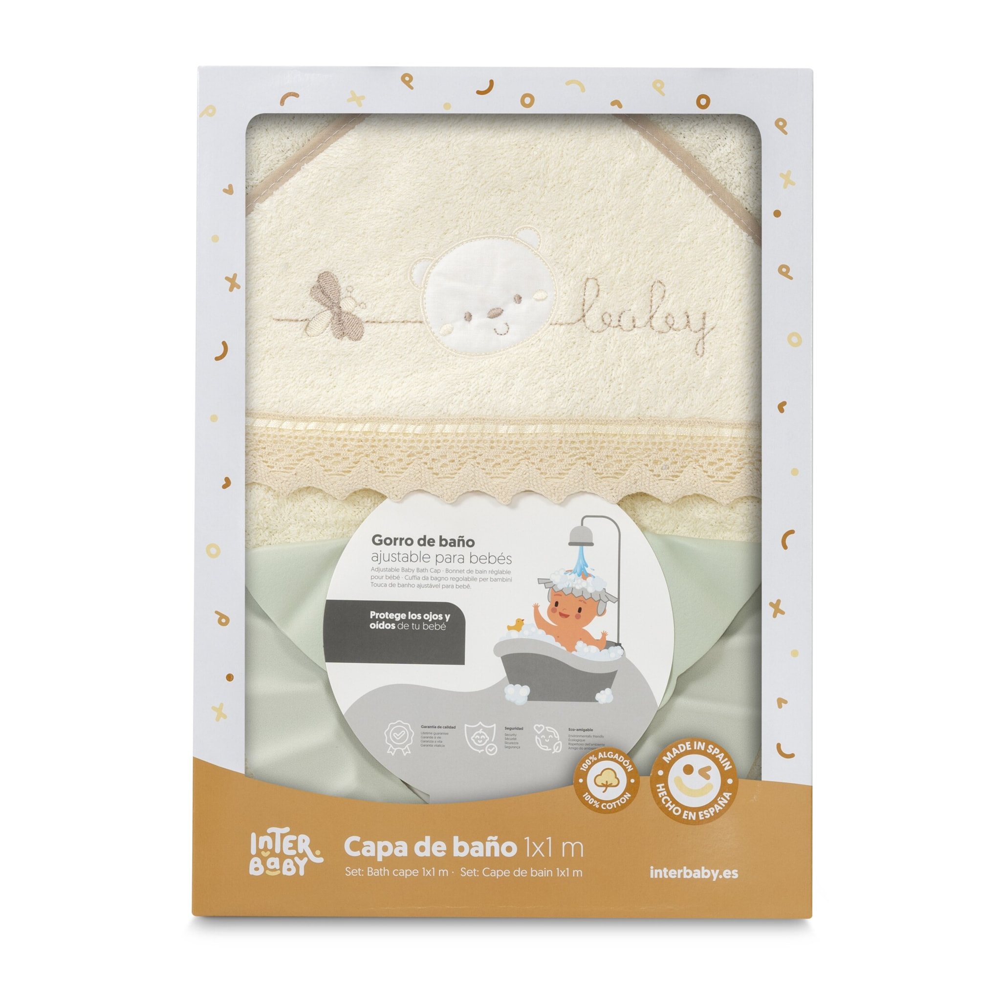 Capa Baño 1X1 Mod Carita Oso Baby Guipur+ Gorro Beig