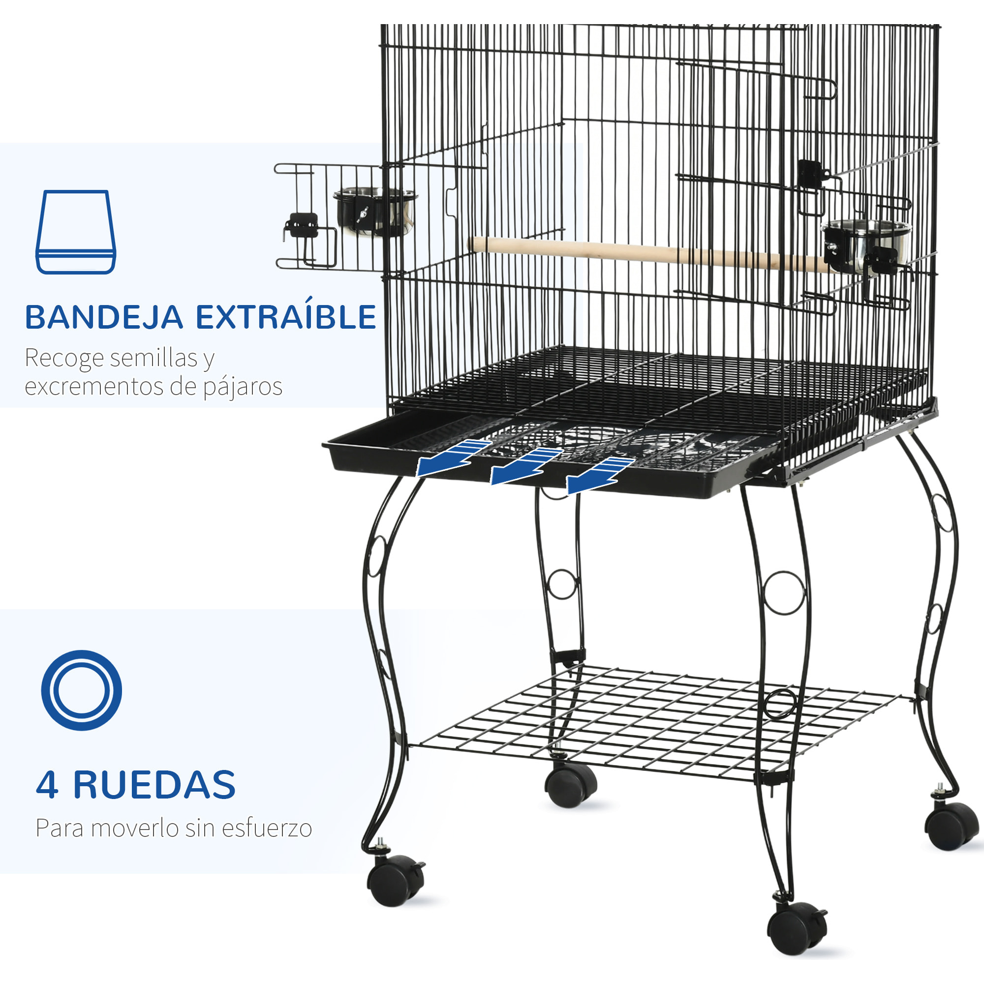 Jaula para Pájaros con Ruedas Jaula Grande con Soporte Pajarera con Bandeja Extraíble Puertas Comederos Perchas y Estante Inferior para Cacatúa ninfa Cotorra del Sol 50x49x137 cm Negro