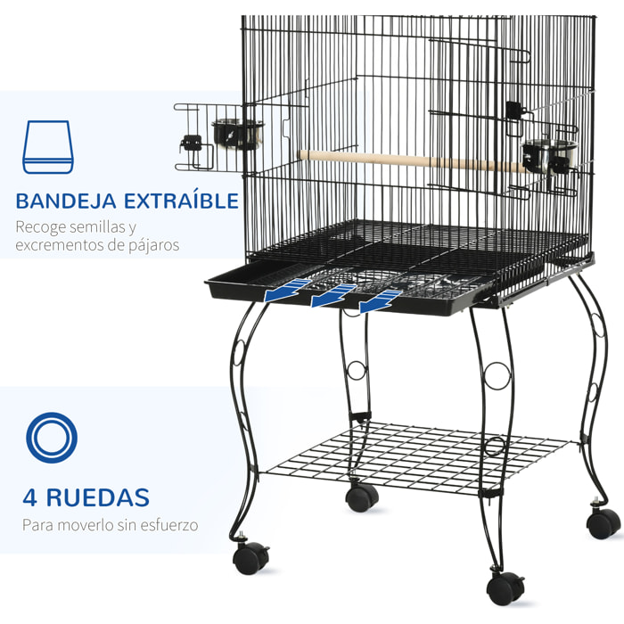 Jaula para Pájaros con Ruedas Jaula Grande con Soporte Pajarera con Bandeja Extraíble Puertas Comederos Perchas y Estante Inferior para Cacatúa ninfa Cotorra del Sol 50x49x137 cm Negro