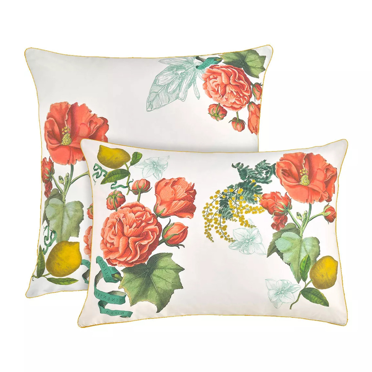 Taie d'oreiller percale de coton lavé imprimé jaune rose Citrons de menton romance