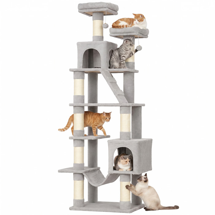 Árbol Rascador para Gatos 204 cm, Torre para Gatos Multinivel con 2 Cuevas, 2 Camas, Hamaca, Postes de Sisal, Escalera, 2 Bolas Colgantes, Tela de Felpa, para 1-3, Gris Claro