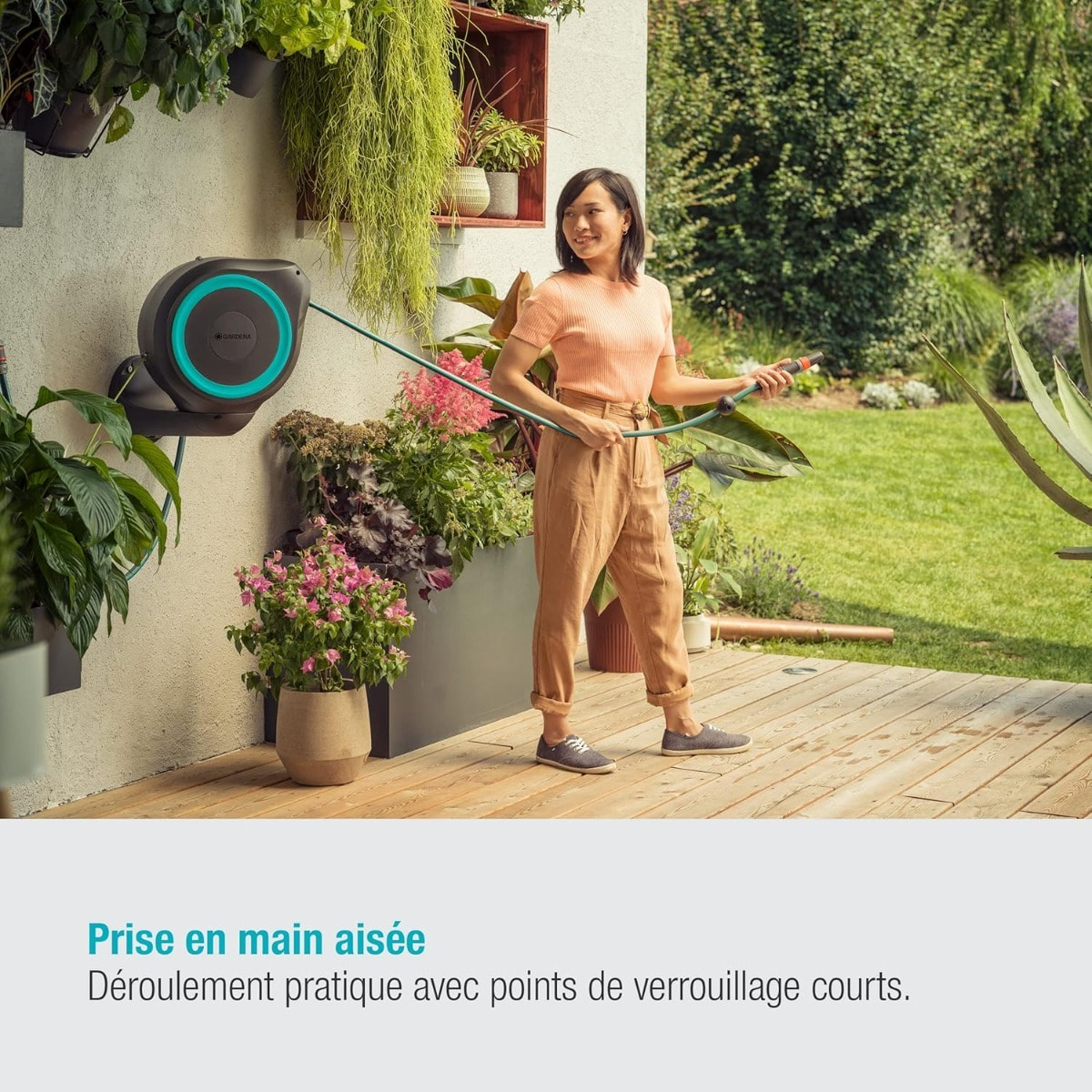 Dévidoir automatique mural RollUp S - 15 m - Bleu turquoise - GARDENA - 18600-20