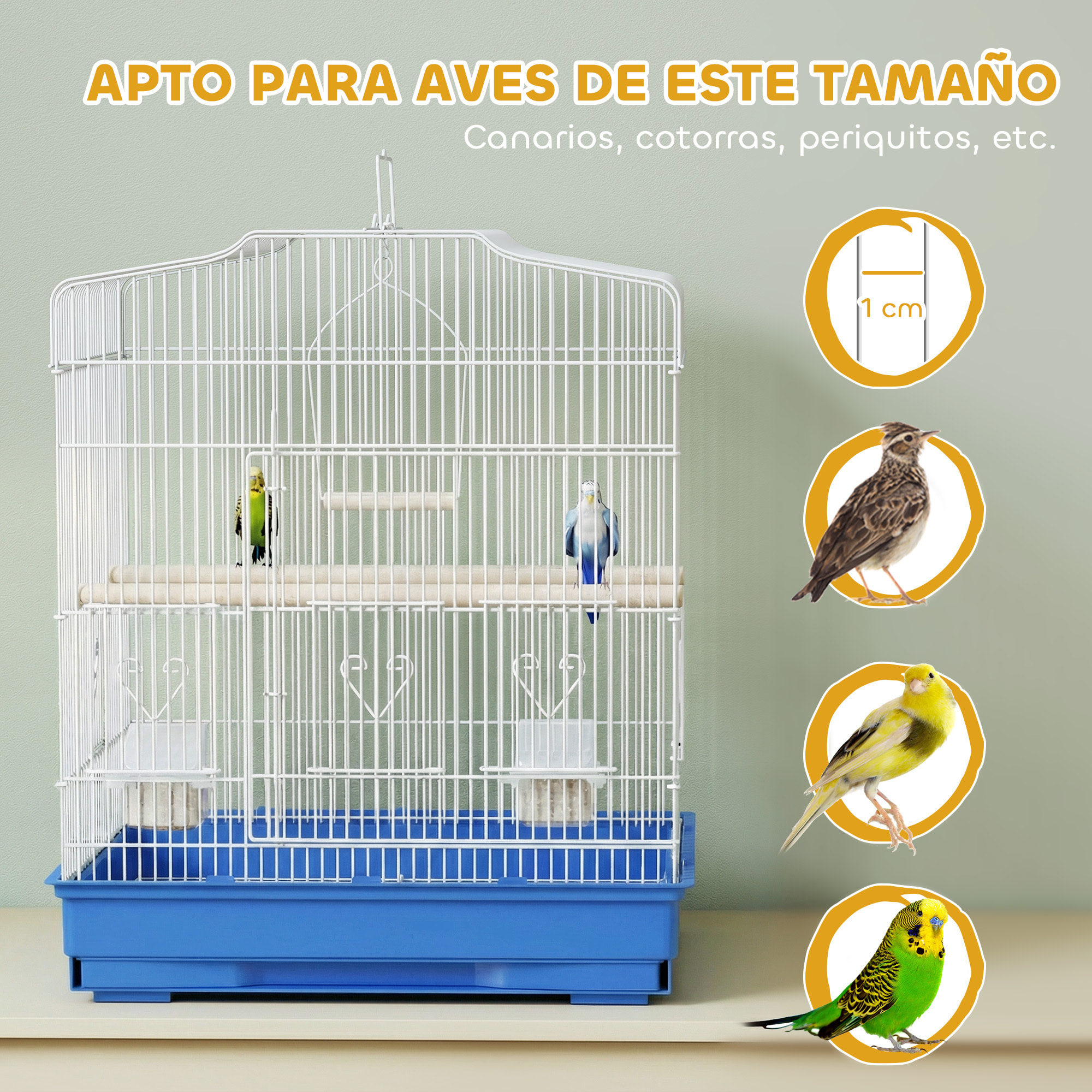 Jaula para Pájaros, Jaula de Acero para Pájaros con Puertas, 2 Comederos, 2 Perchas, Columpio, Bandeja Extraíble y Asa de Transporte, para Loro, Canario, Periquito, 46,5x36x59 cm, Azul