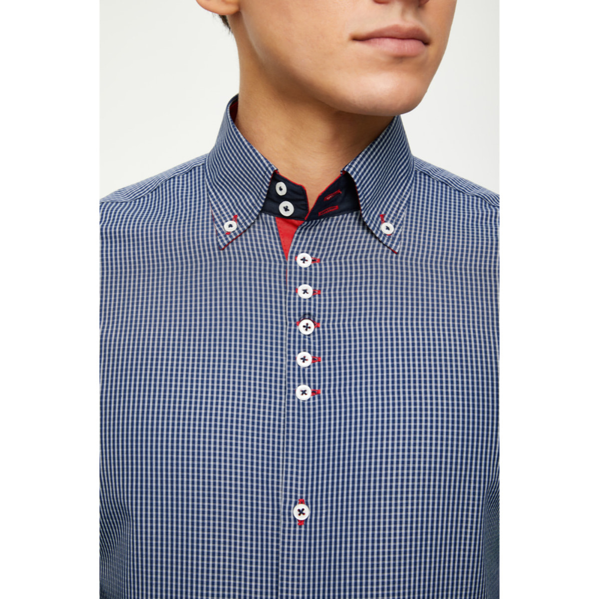 Camicia Uomo 2 Bottoni Button Down 7 Bottoni Slim Cotone Poliestere Riga Stretta Blu\Bianco
