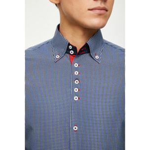 Camicia Uomo 2 Bottoni Button Down 7 Bottoni Slim Cotone Poliestere Riga Stretta Blu\Bianco