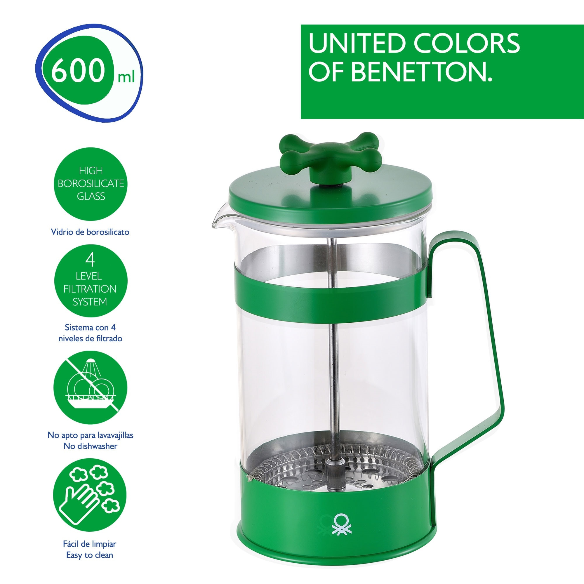 Cafetera con émbolo 600ml verde + set de 4 tazas (rojo y verde) raibow benetton.