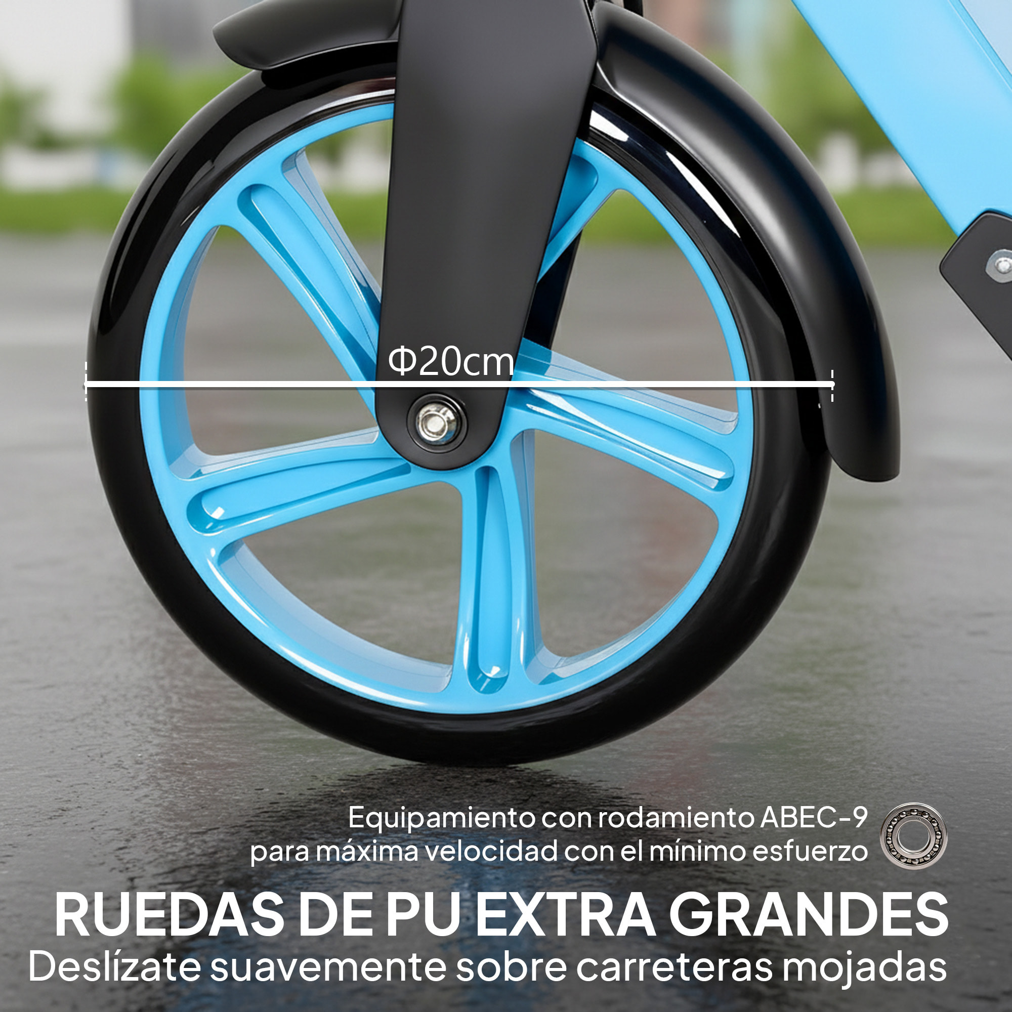 Patinete Plegable para Adultos y Niños de +14 Años Scooter Ligero con Manillar Ajustable Grandes Ruedas Ø200 mm Amortiguador y Freno Aluminio Carga 100 kg 91,5x36,5x91-104 cm Azul