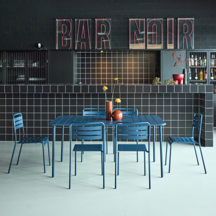 Table de jardin métal + 6 assises bleu marine Amélia