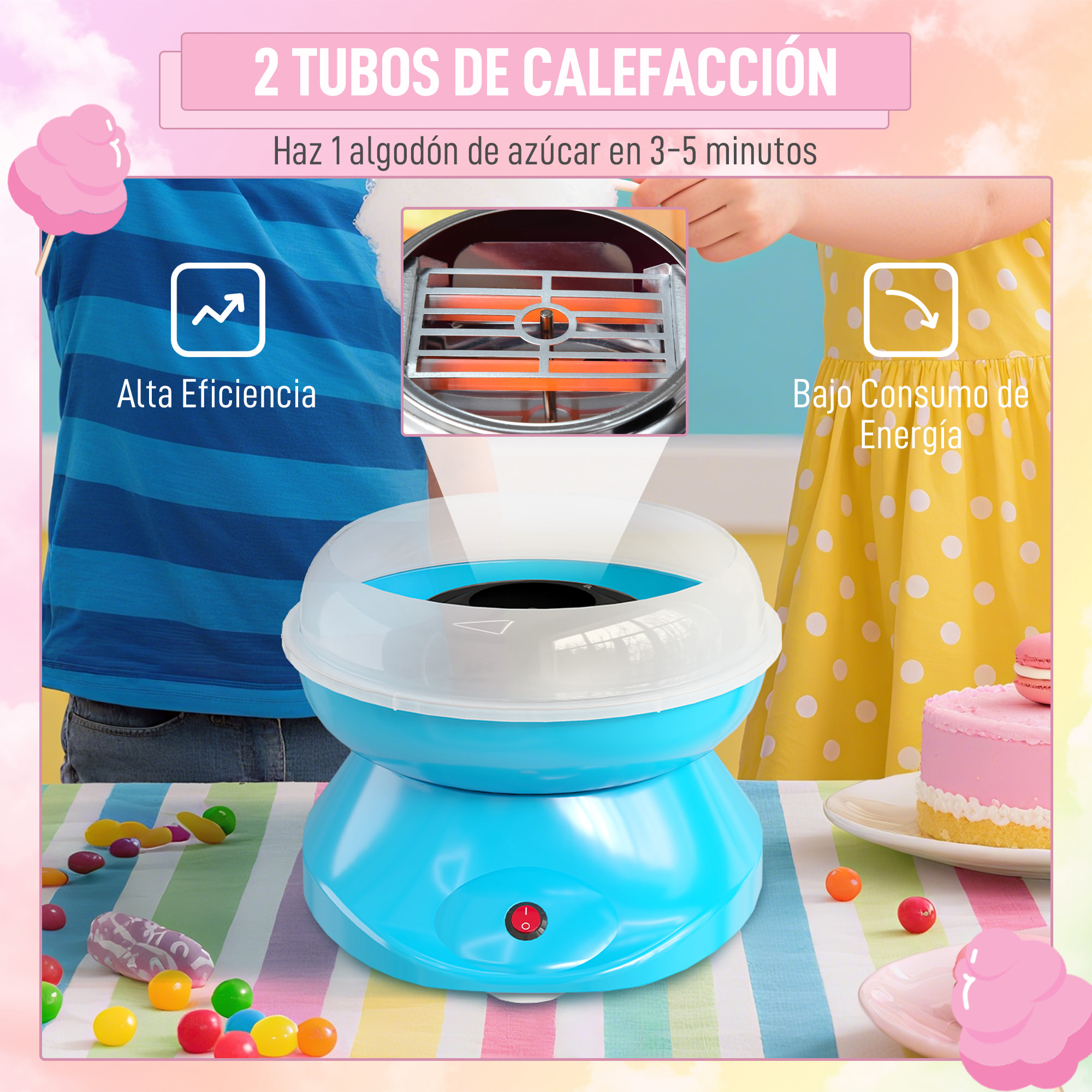 Máquina de Algodón de Azúcar, 450W-550W, Máquina para Hacer Algodón de Azúcar con 10 Palitos, para Fiestas de Cumpleaños Infantiles, en Casa, 27x26x18 cm, Azul