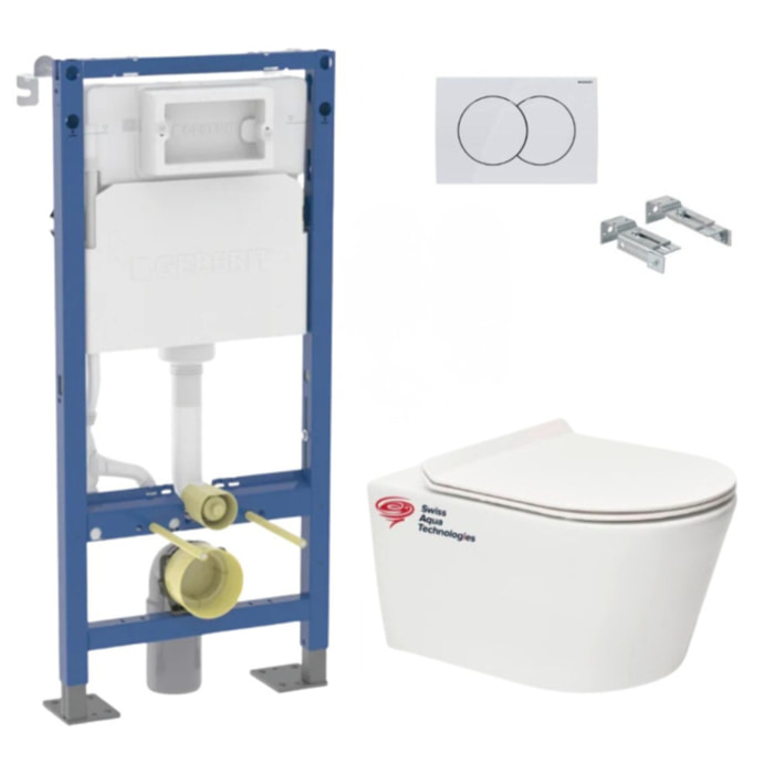 Pack WC suspendu complet Geberit Duofix autoportant, WC Swiss Aqua Technologies Brevis, abattant SoftClose, plaque blanche