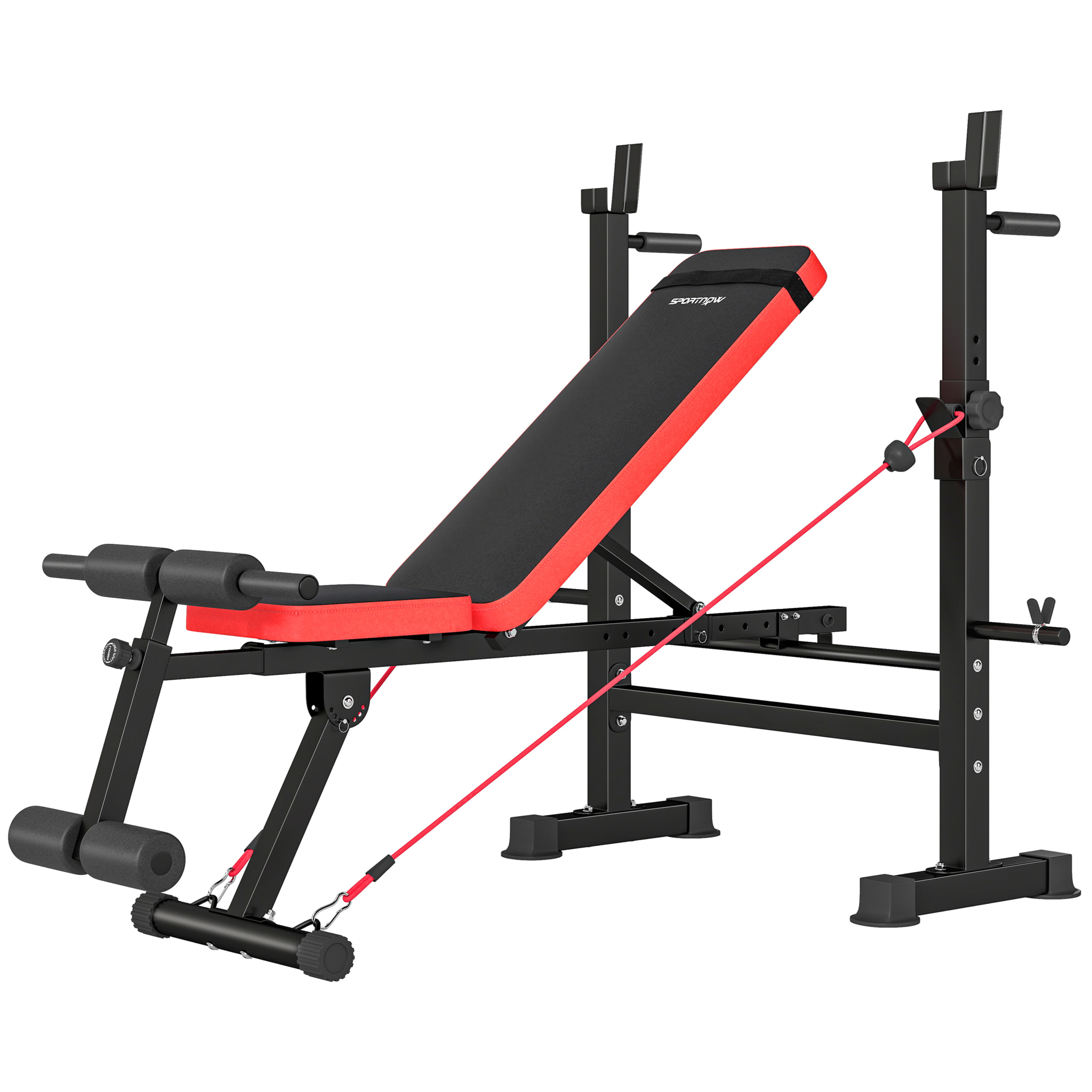 Banc de musculation réglable - support de barre, poignées à dips, bandes de résistance - rouge noir