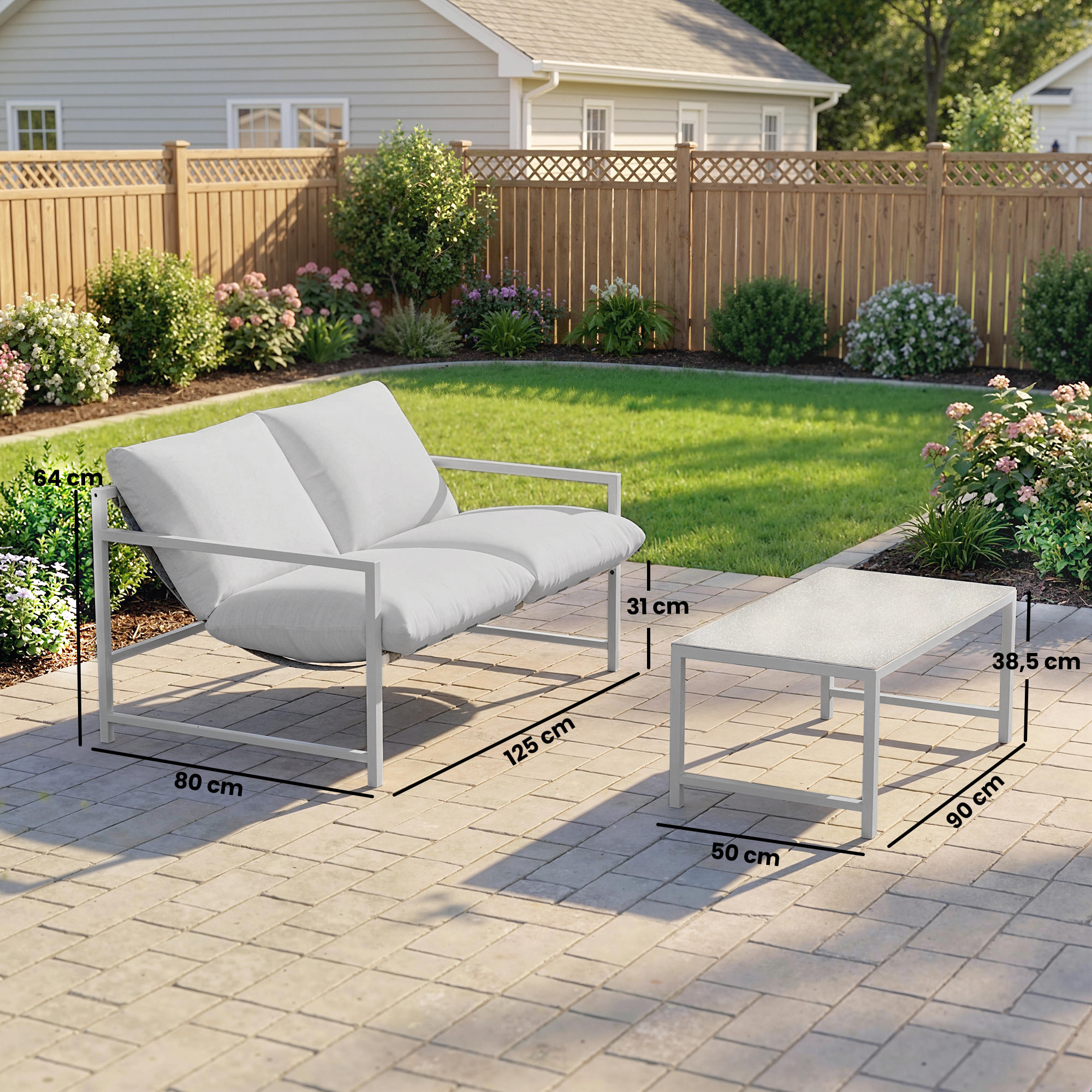 Ensemble canapé jardin épais coussins table basse design gris clair