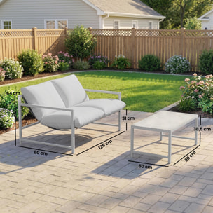 Ensemble canapé jardin épais coussins table basse design gris clair