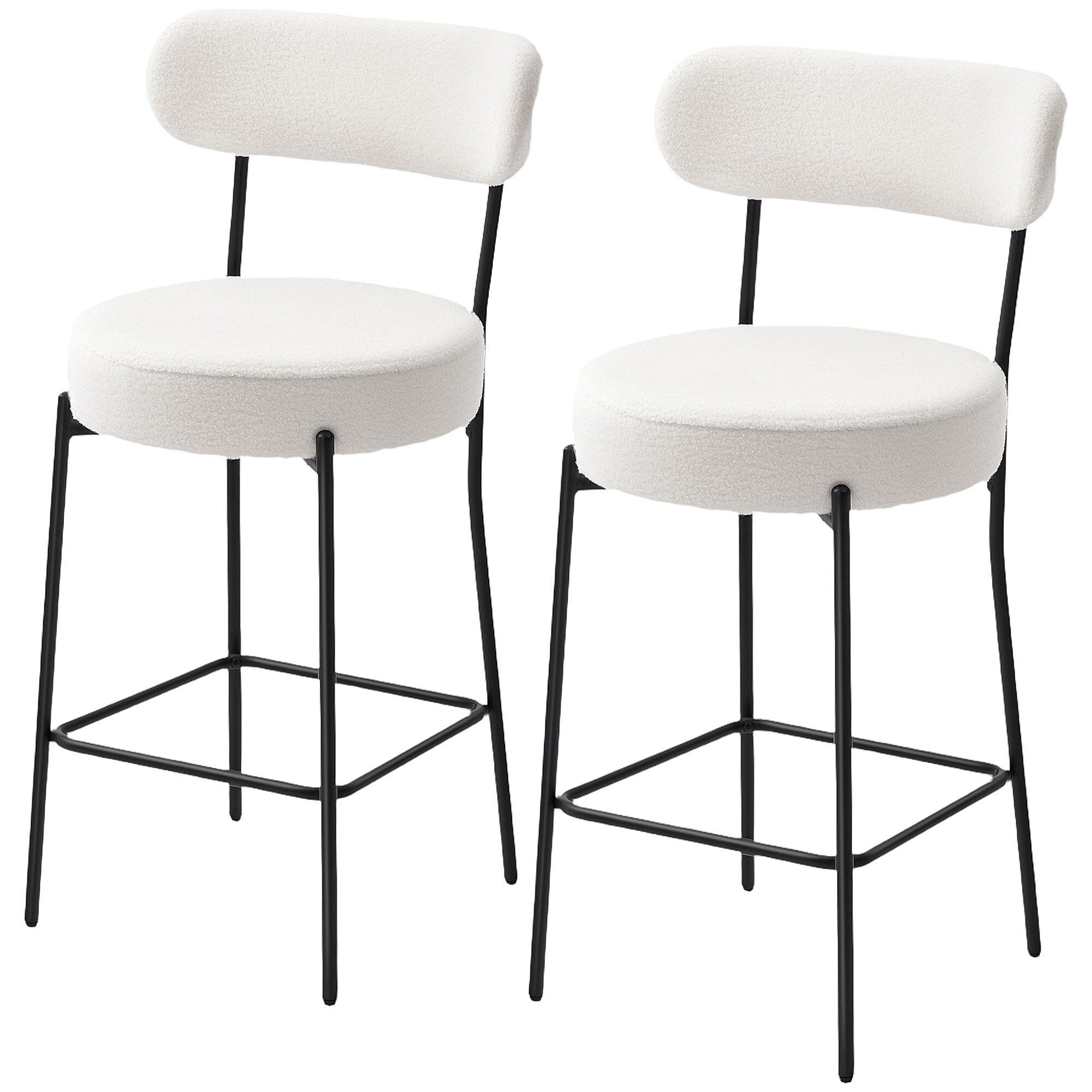 Lot de 2 tabourets de bar en tissu bouclé assise H.68 cm - lot de 2 chaises de bar - acier noir blanc cassé